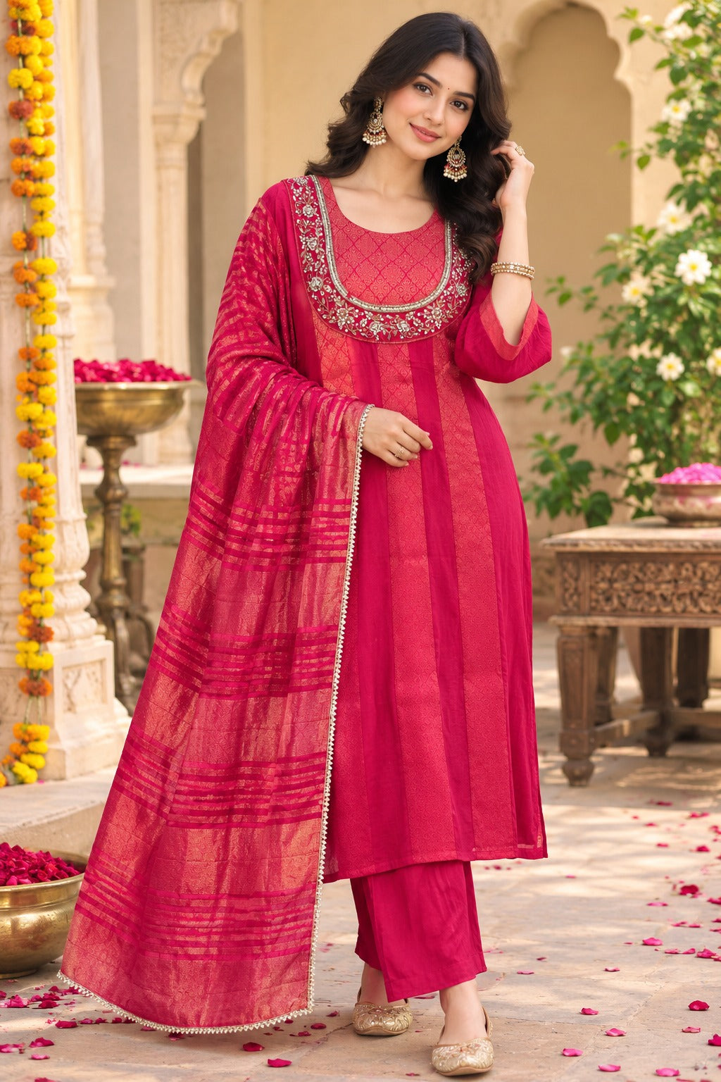 Red with brocade and handwork detailing full suit set