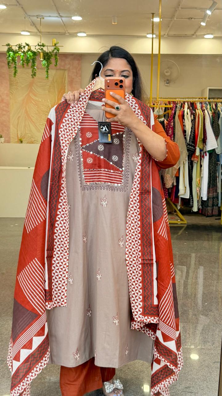 Super pretty real mirror contrast dupatta suit set in chiku colour