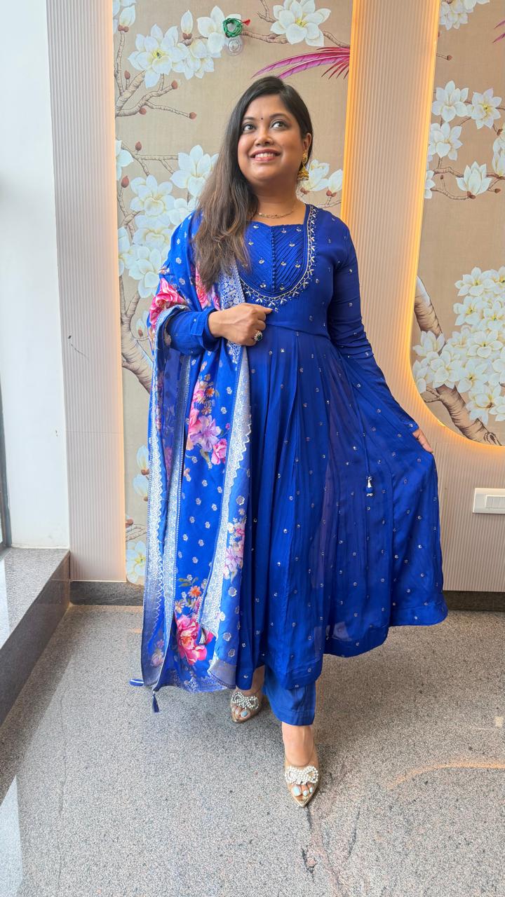 Premium chinon full sequins detailing Anarkali suit set paired with weaved banarsai dupatta in royal blue