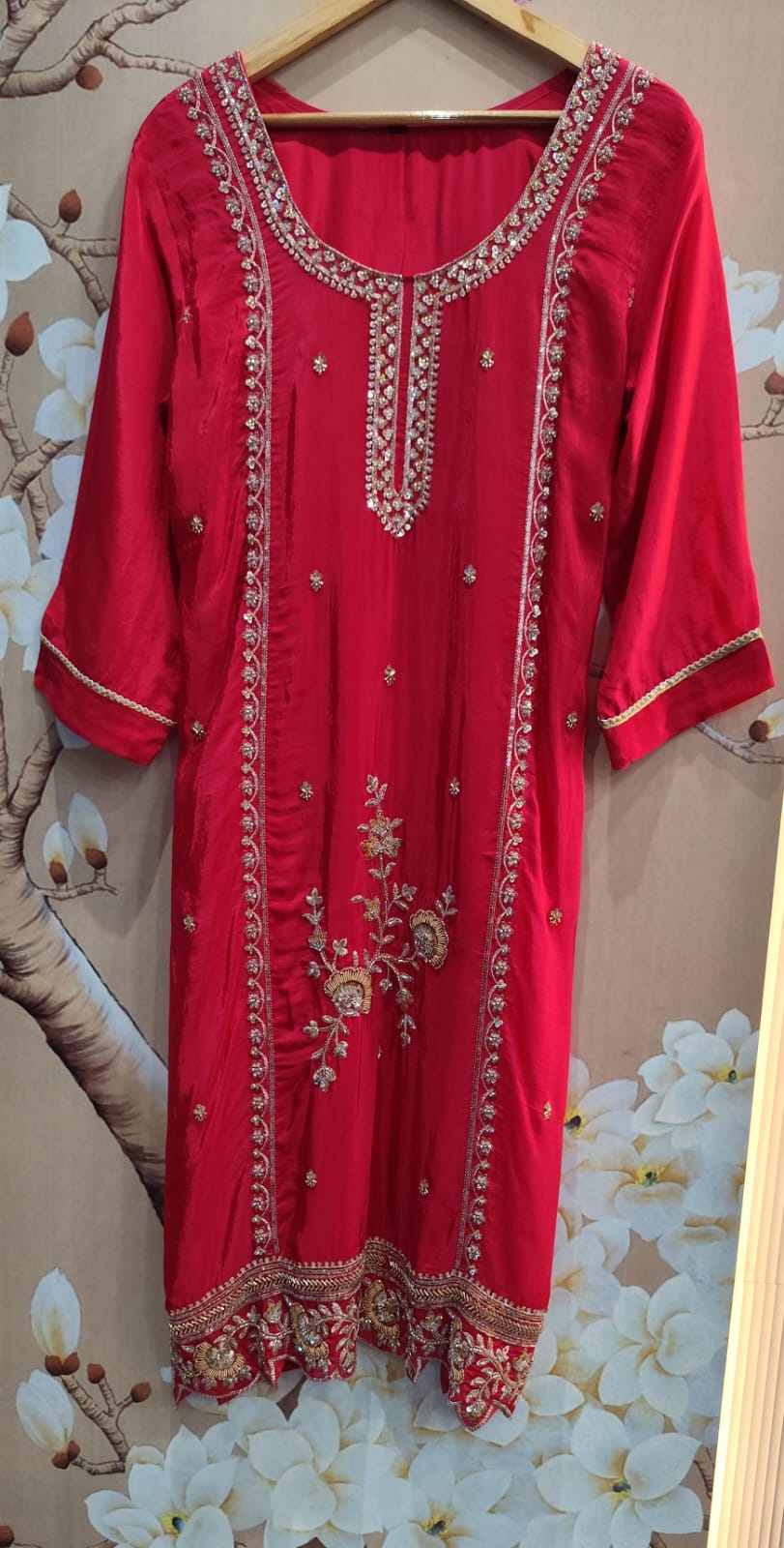 Super pretty handwork chinon suit set in red