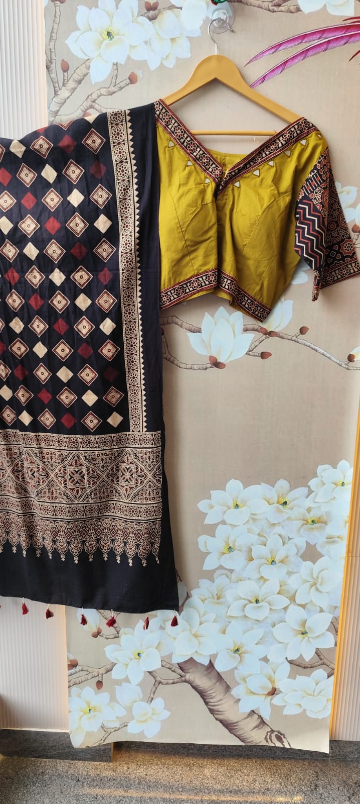 Super pretty ajrakh real mirror skirt / lehenga set in cotton in yellow