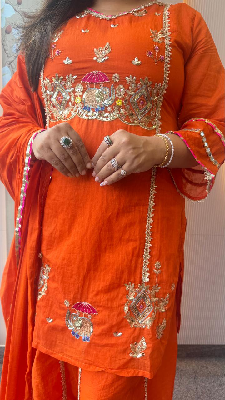 Super pretty Mul chanderi plazzo set with pretty handwork in orange (Loose fit)