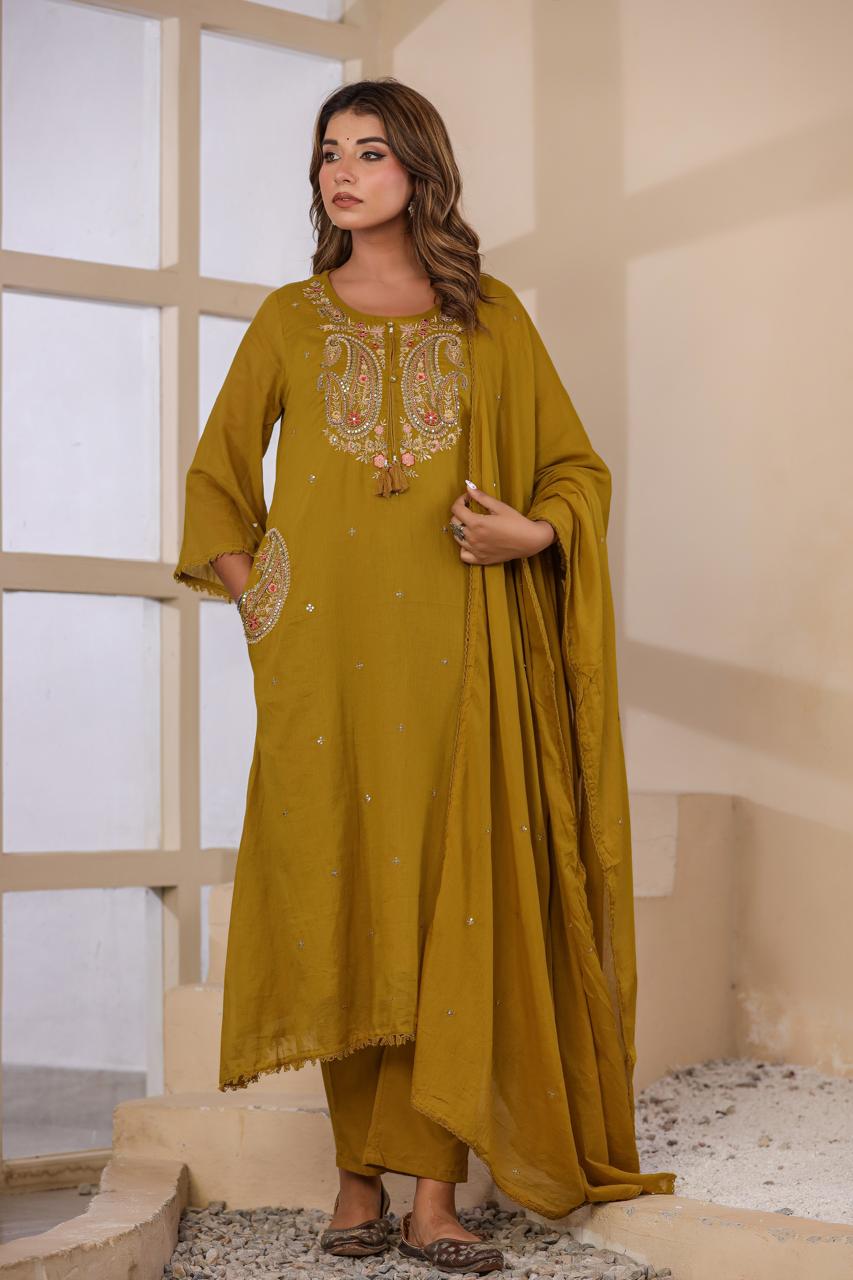 Premium Mul cotton green paisley embroidered designer pocket suit set