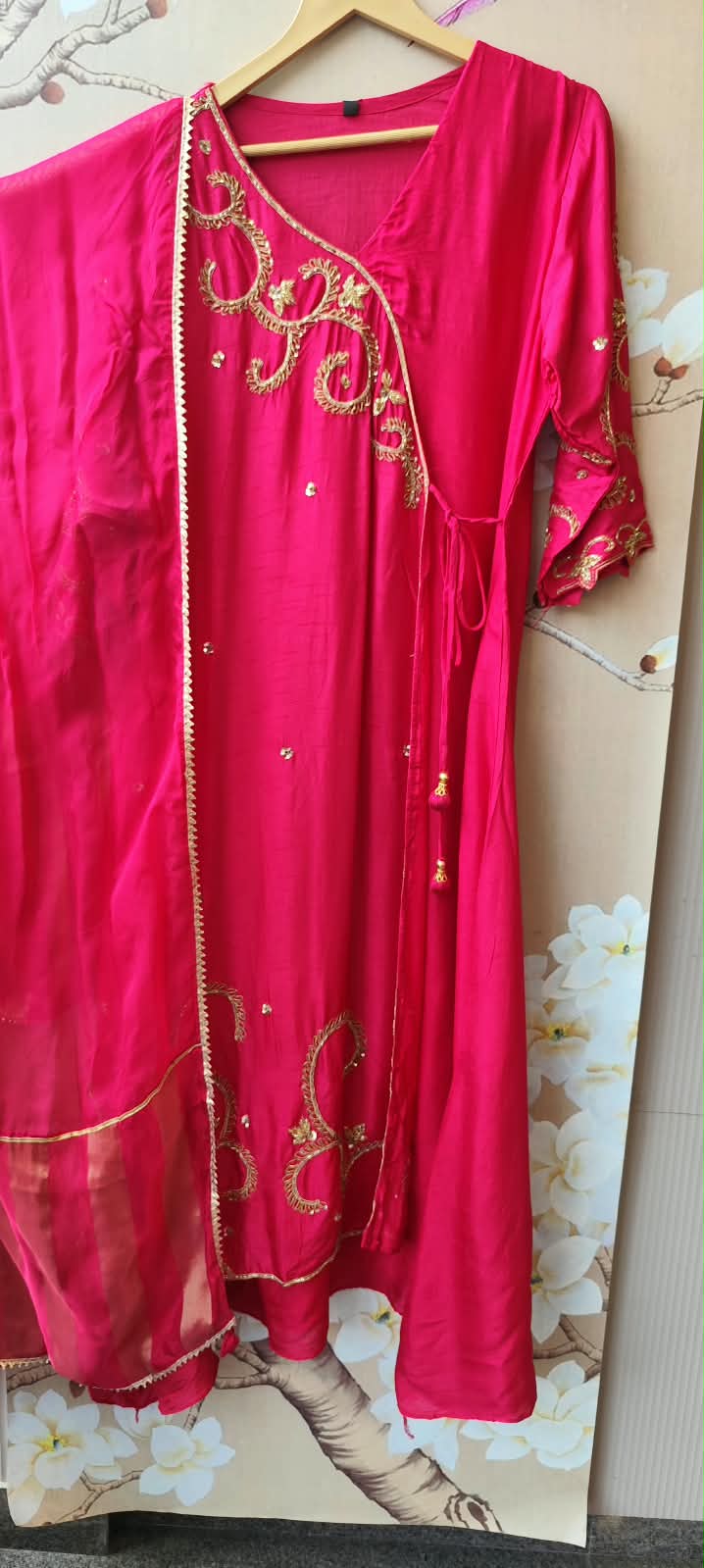 Premium dola silk Rani pink hand work suit set