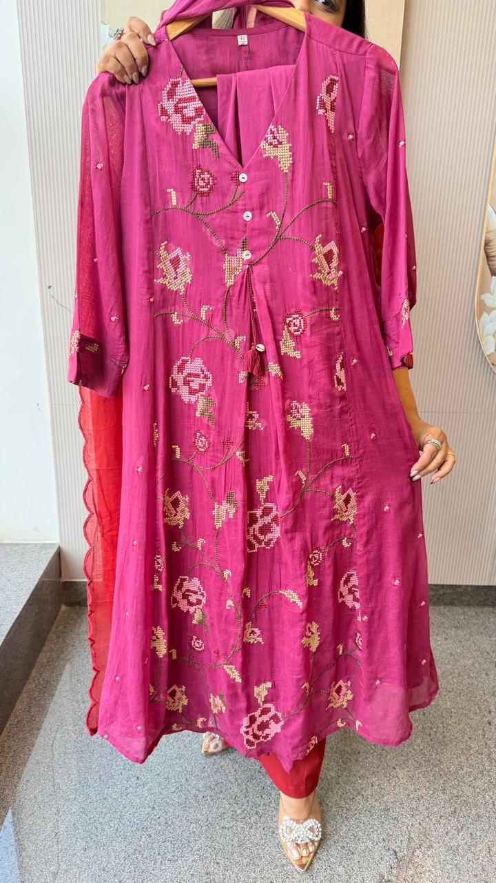 Fully embroidered pure Mul cotton suit set in wine