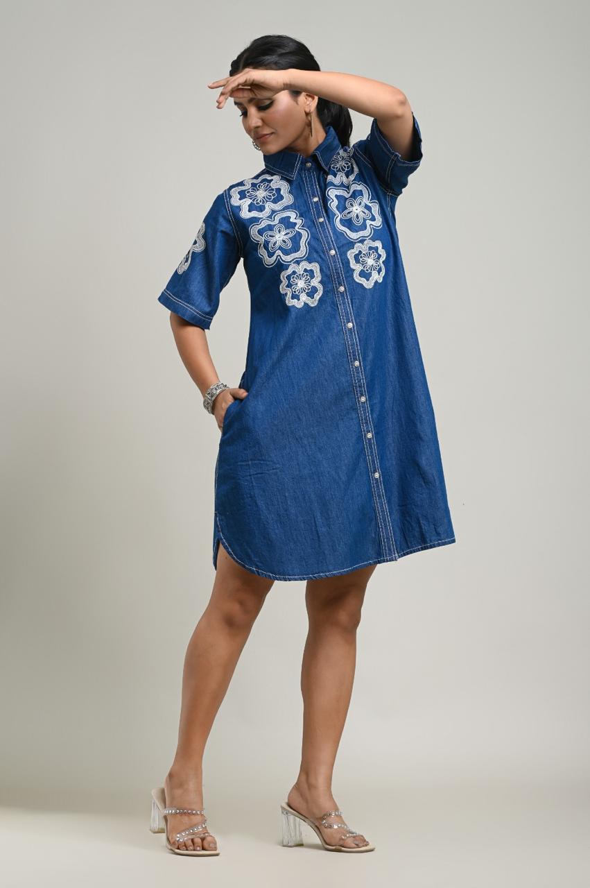 Premium denim cotton embroidered one piece