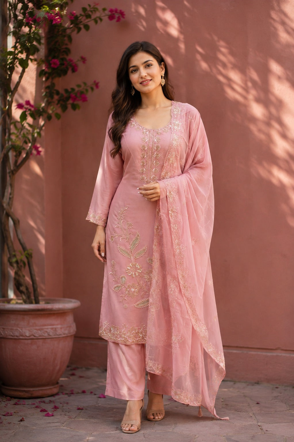 Pretty Mul chanderi zari applique suit set in pink