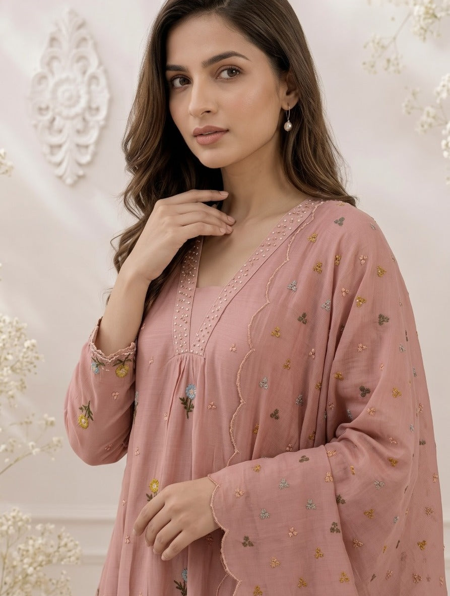Mul chanderi with lining fully embroidered in pink
