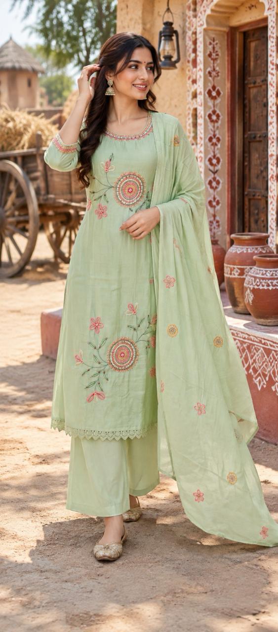 Wow Mul chanderi in pista green with gorgeous detailing