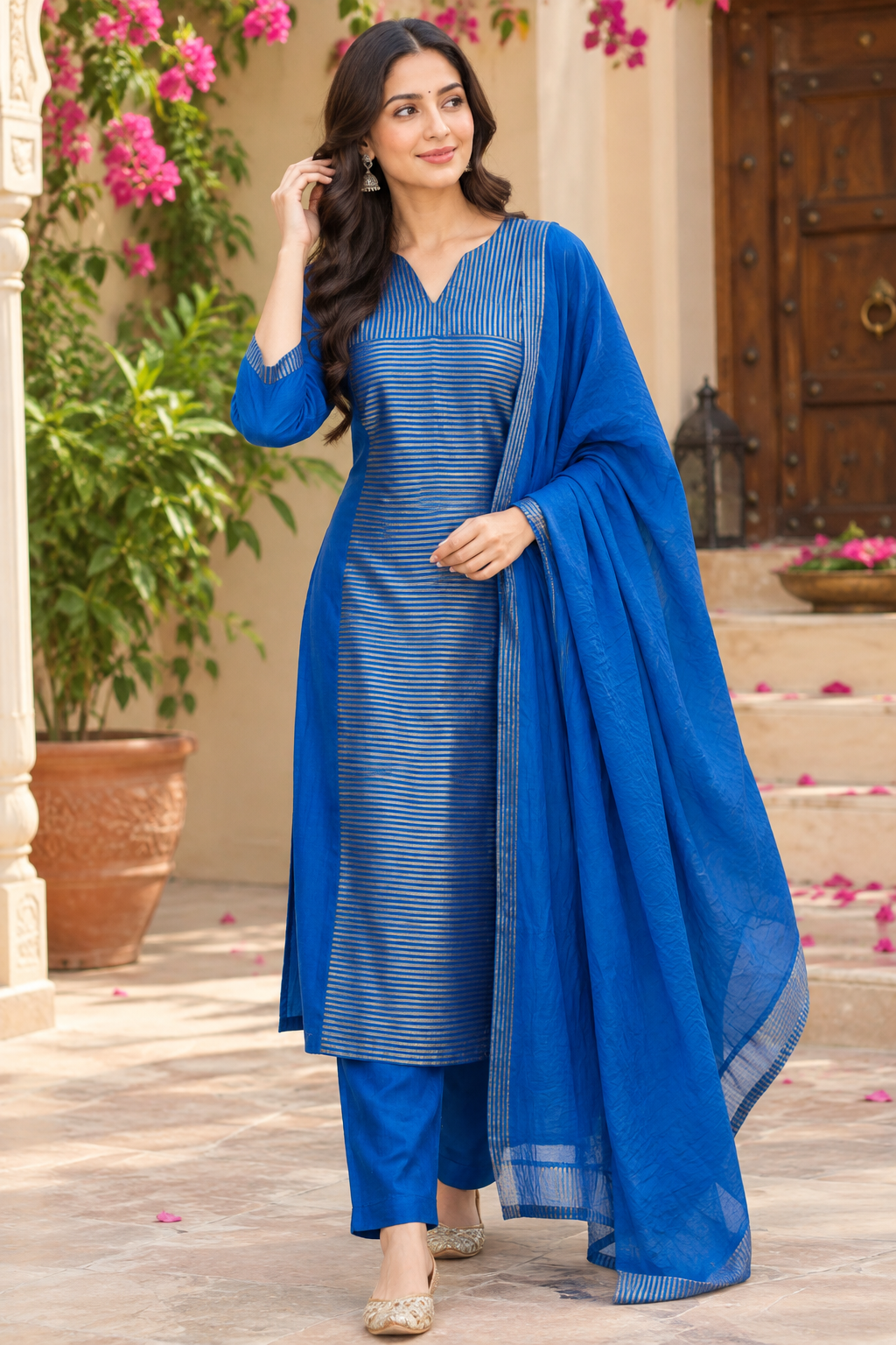 Pretty Mul chanderi royal blue tissue suit set