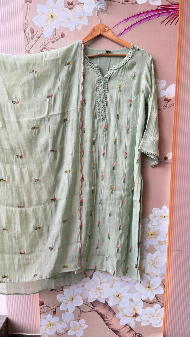 Mul chanderi fully embroidered with designer sleeves full suit set in green
