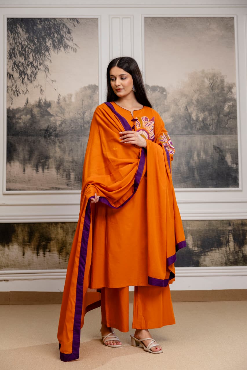 Premium pure cotton embroidered full suit set in rust n purple