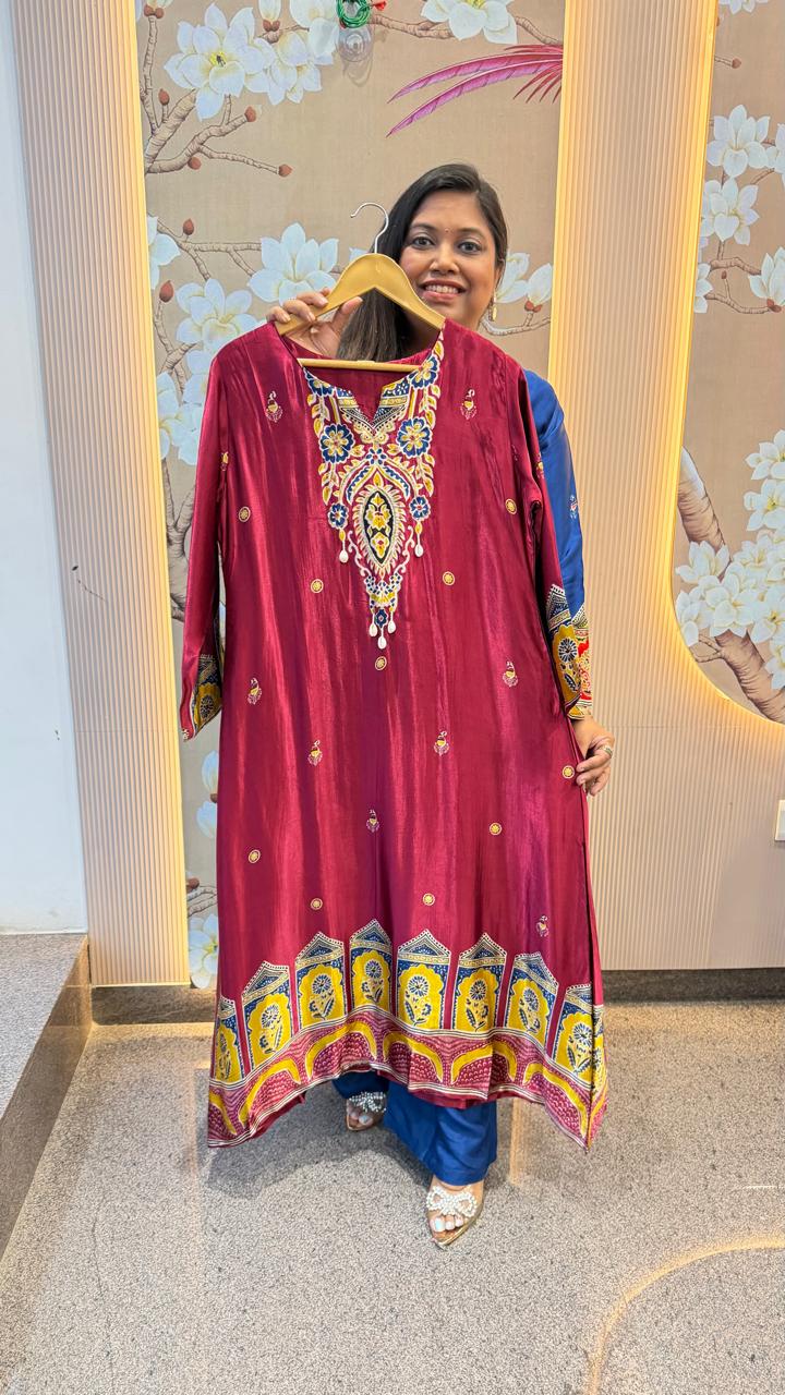Pure gaji silk maroon kurta pant