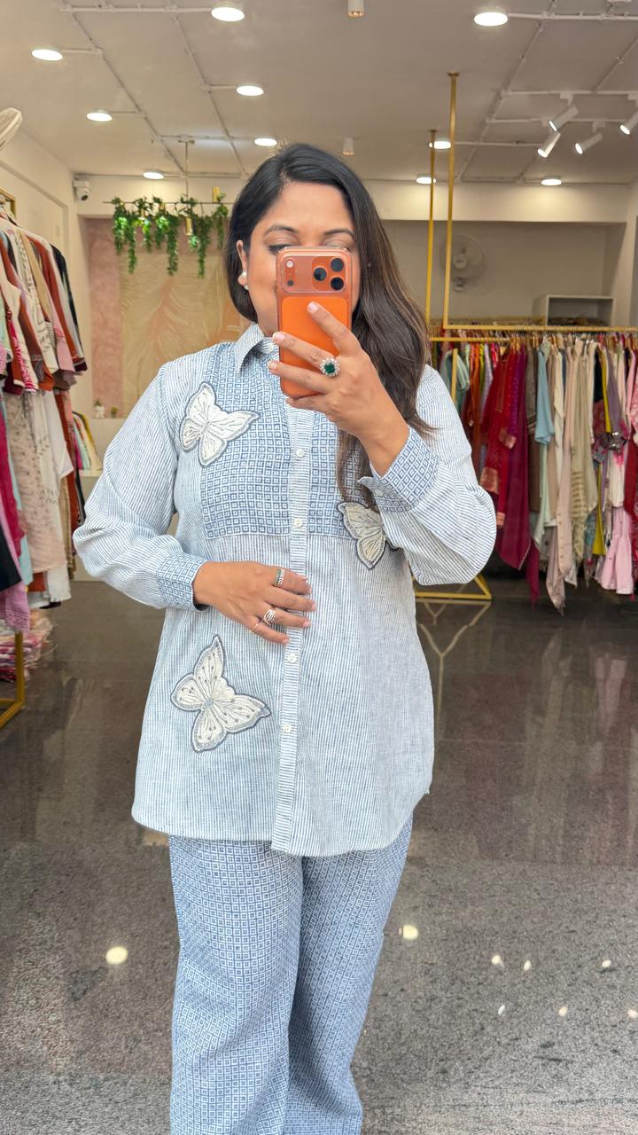 Applique work organic cotton Co ord set in blue