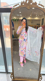 Premium cotton githan work full suit paired with Kota doria applique work dupatta