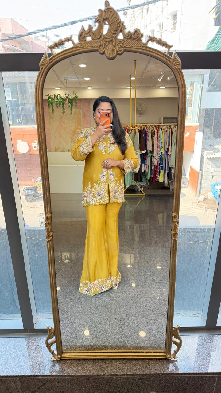 Premium chinon hand embroidery co ord set in yellow