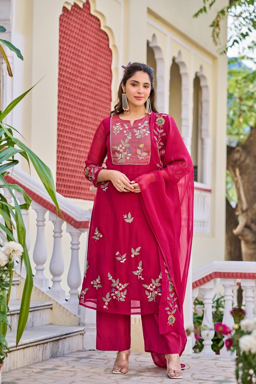 Premium organza fully embroidered suit set in pink