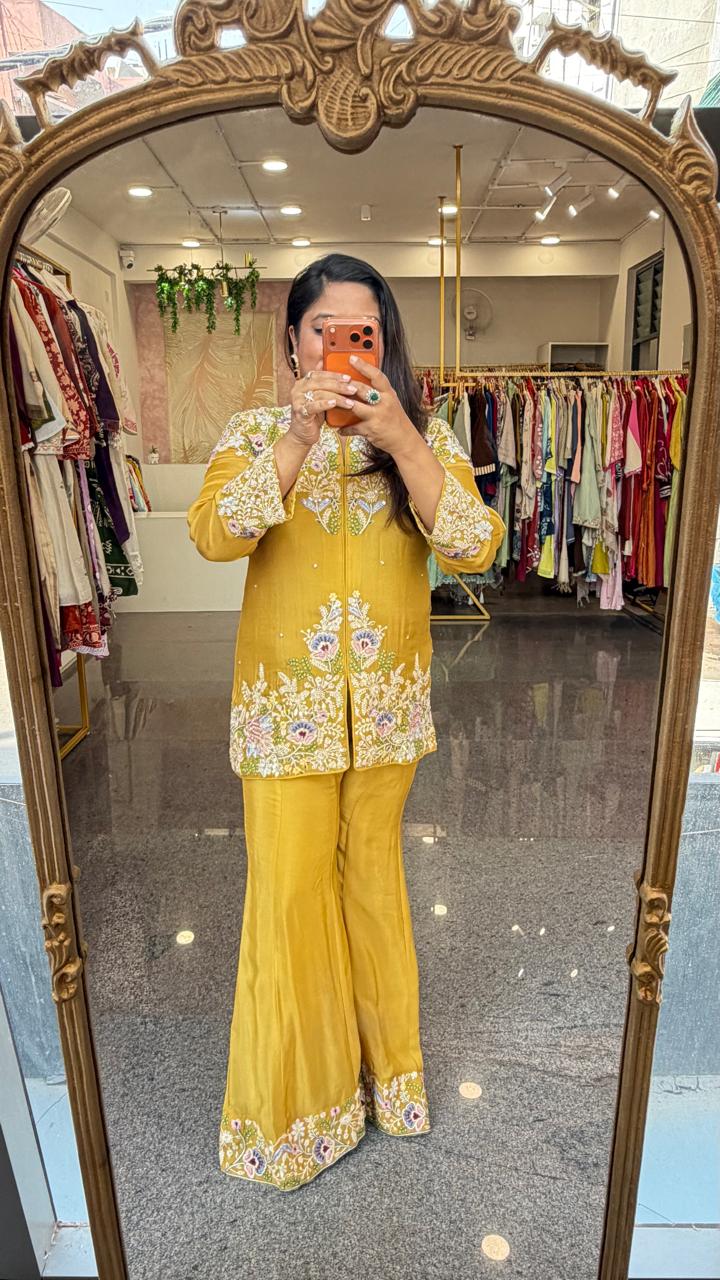 Premium chinon hand embroidery co ord set in yellow