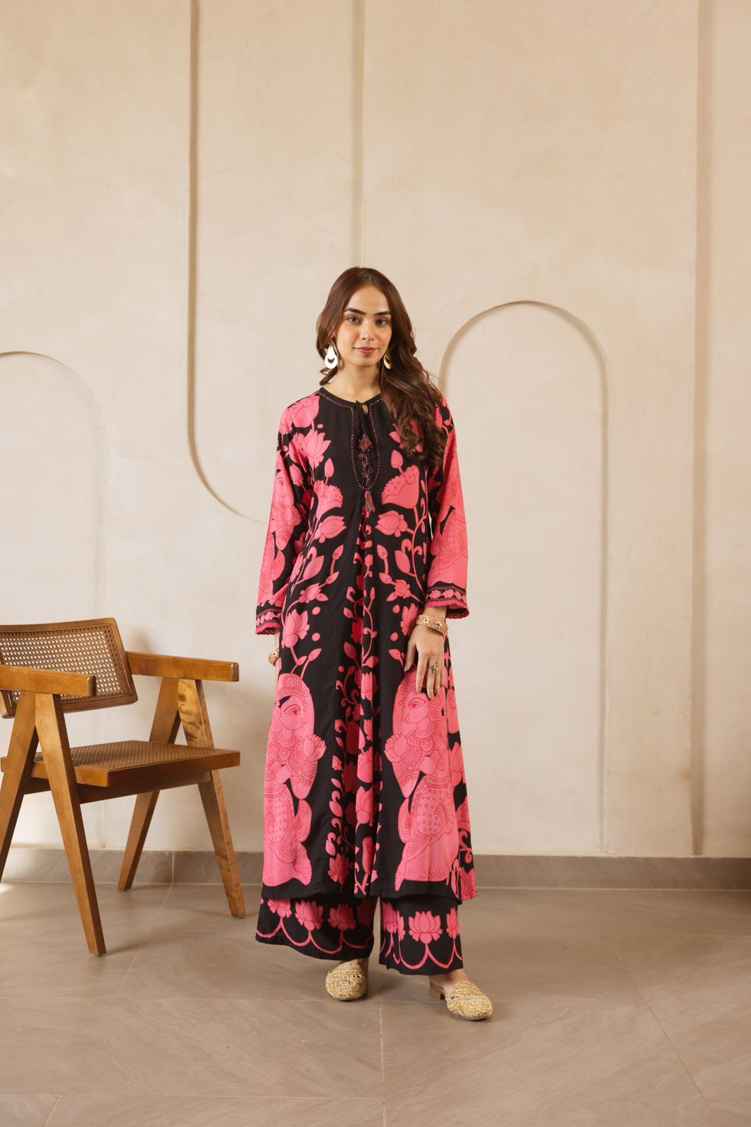 Premium slub cotton kurta pant in black n pink