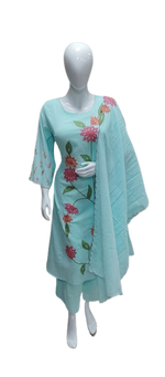 Applique work ice blue cotton suit set