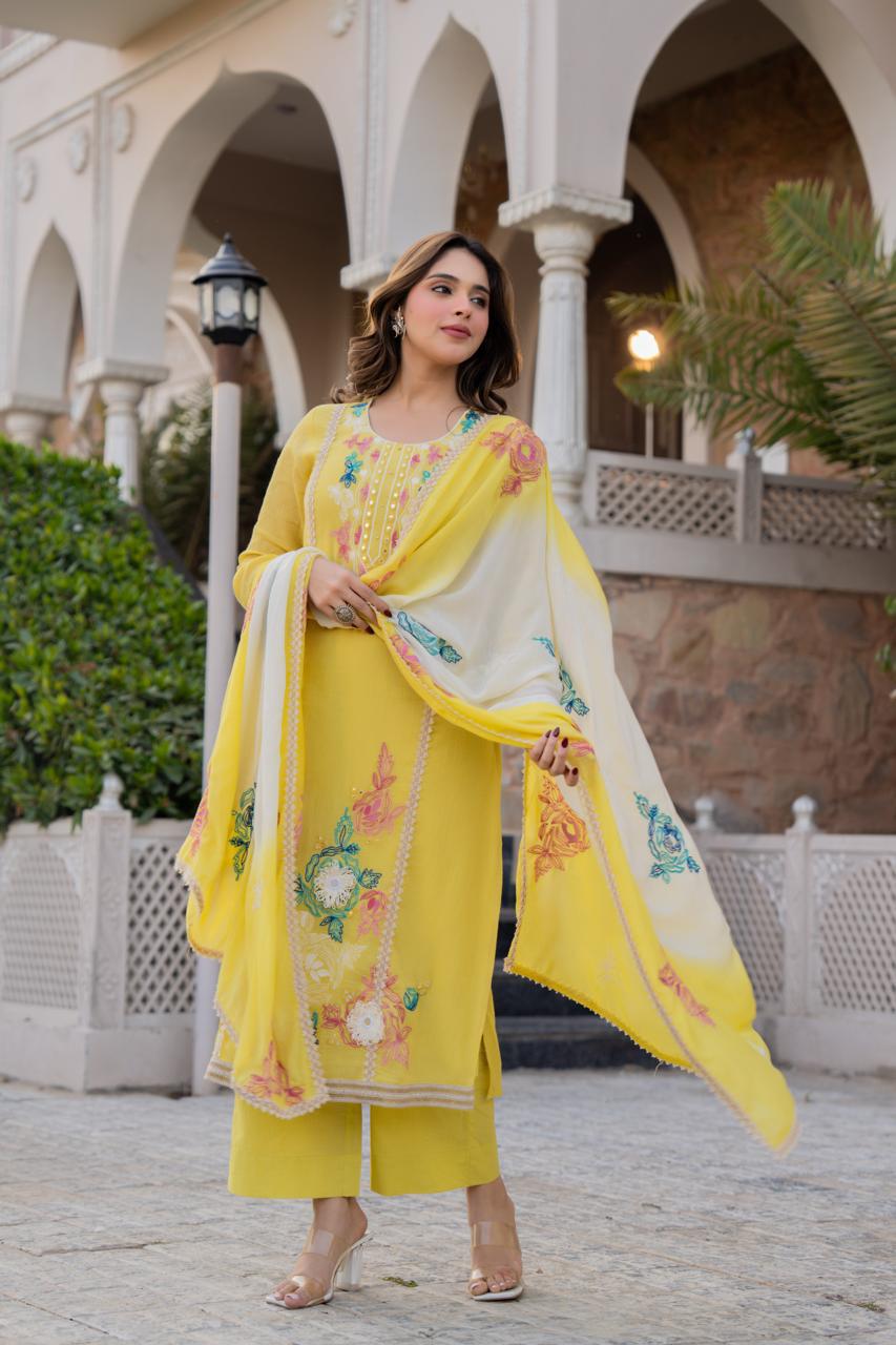 Premium organza fully embroidered suit set in yellow