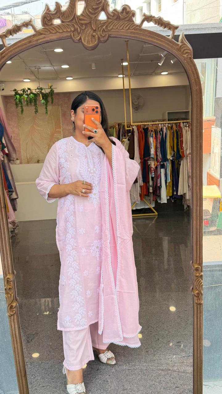 Pure Mul cotton chikankari in baby pink