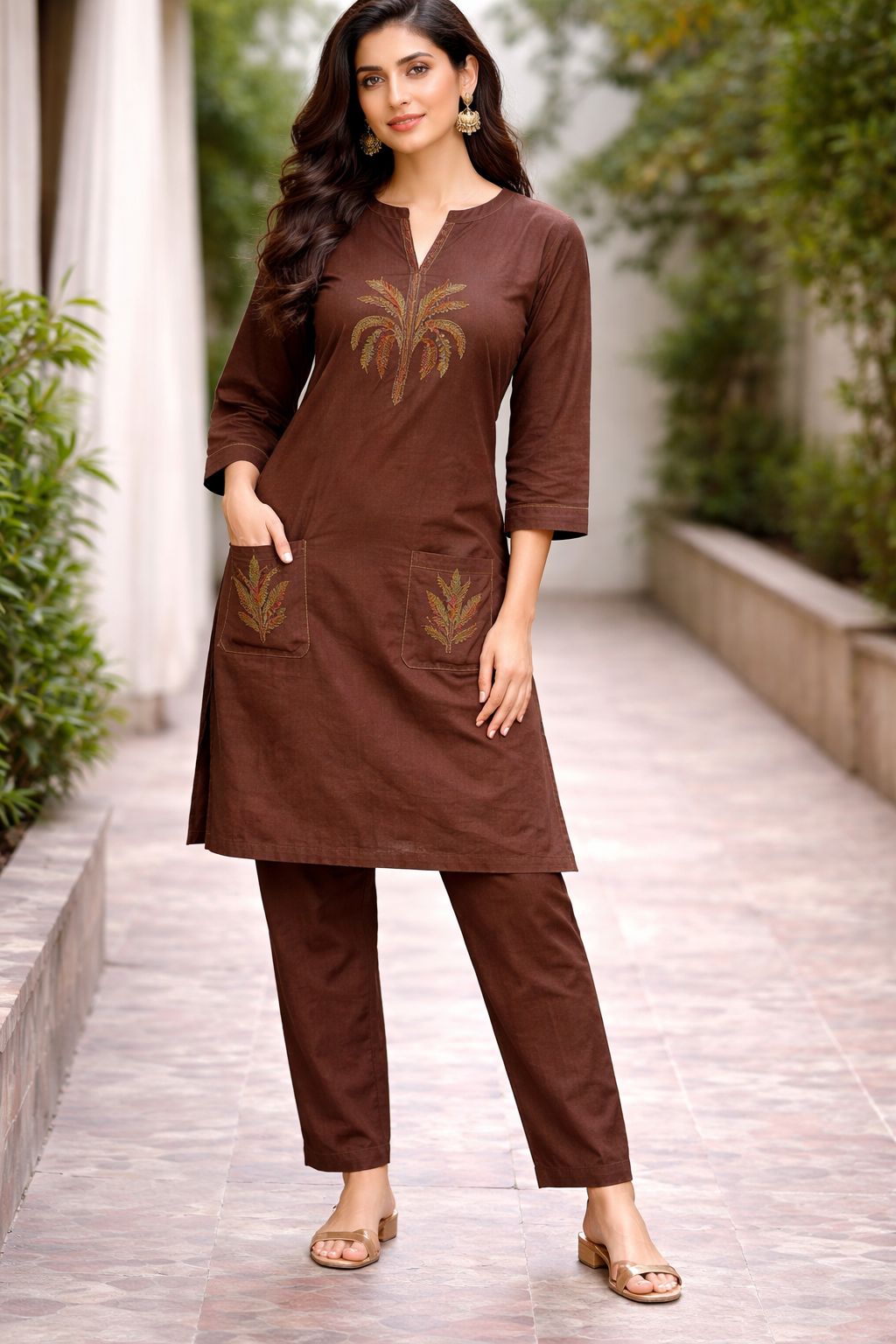 Pretty embroidered cotton co ord set in brown