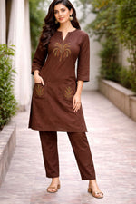 Pretty embroidered cotton co ord set in brown