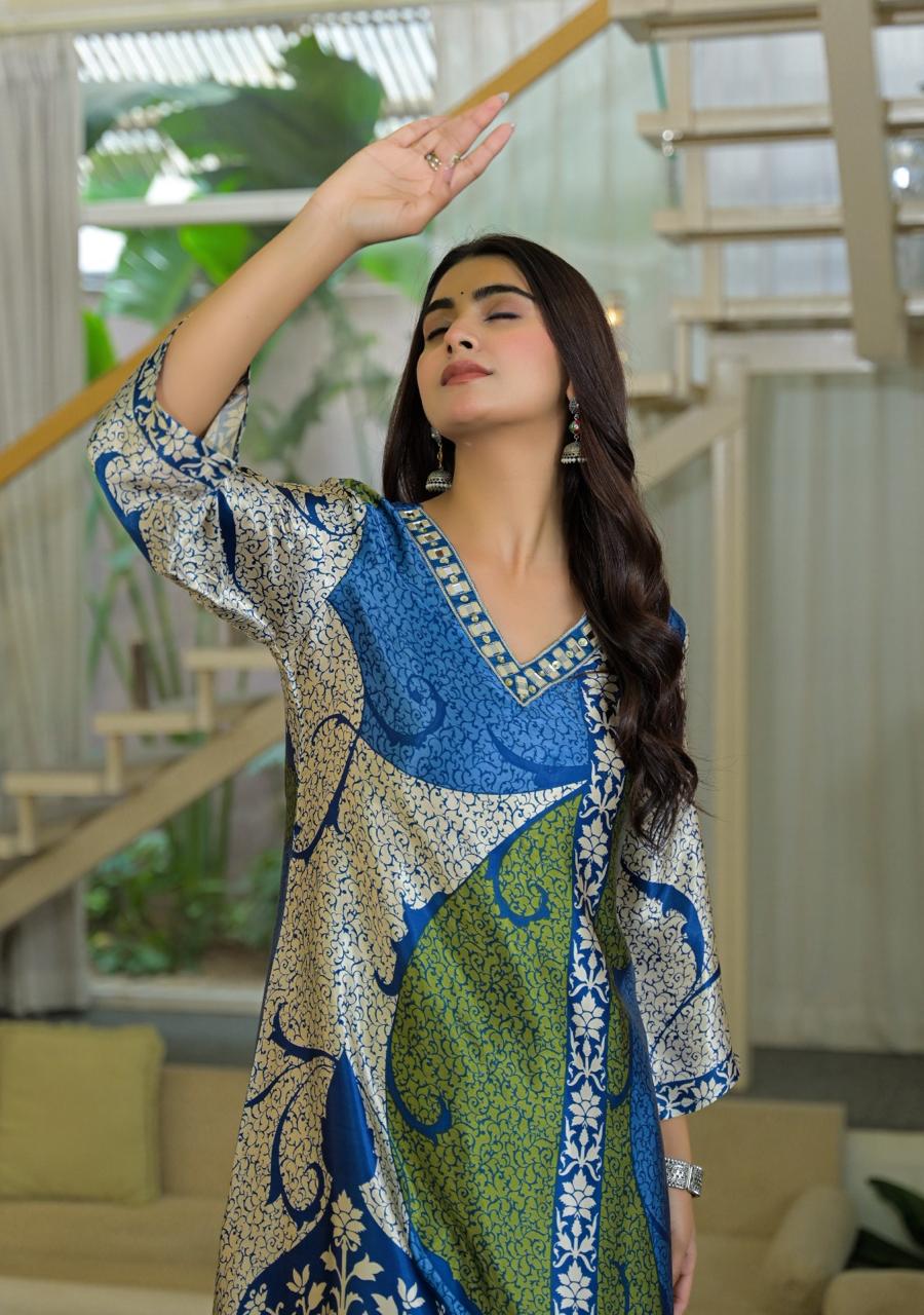Premium gaji silk kurta pant in blue