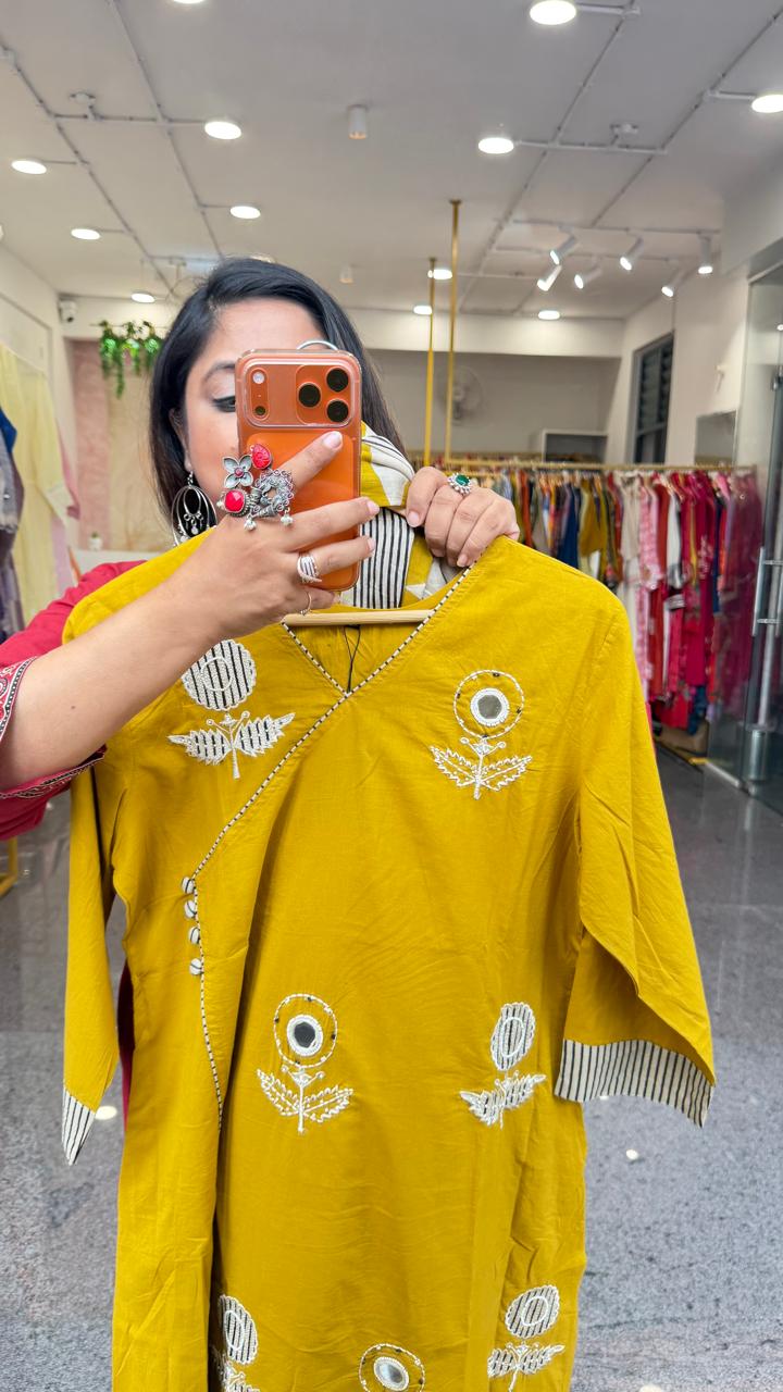 Pure cotton angrakha applique work suit set in yellow