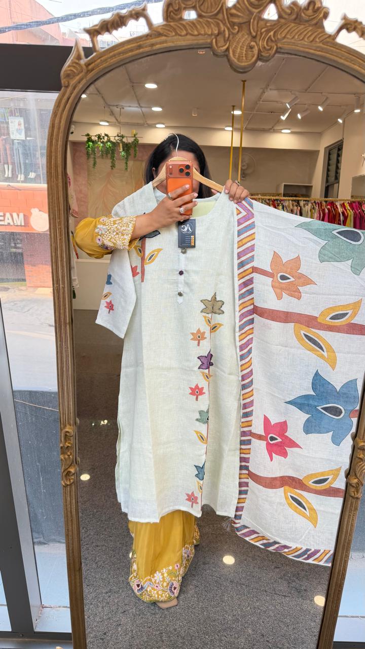 Linen cotton front n back printed with katha detailing suit set