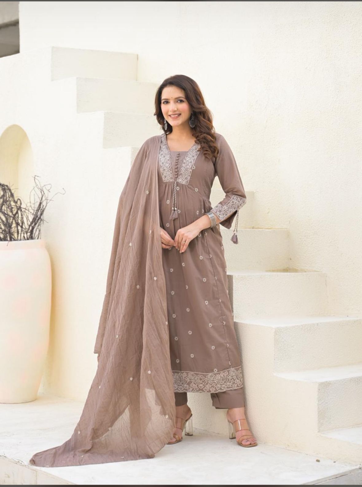 Pure cotton embroidered suit set in pastel colour