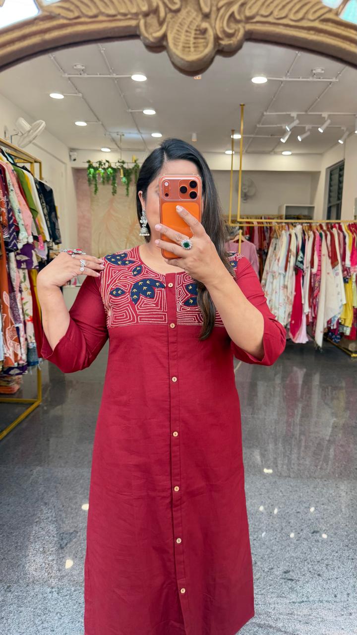 Premium cotton applique work cotton suit in red with pocket and paired with a Kalamkari