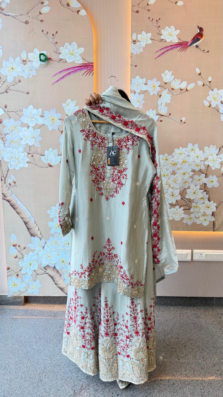Premium chinon heavily embroidered suit set