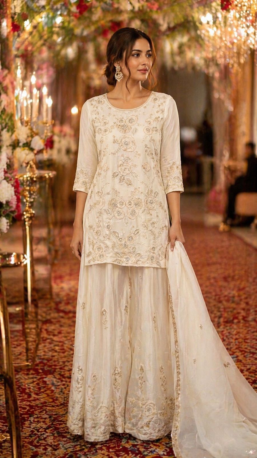 Heavily embroidered premium chinon palzzo set in ivory
