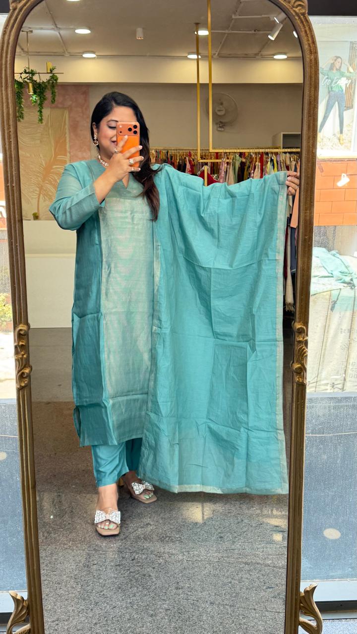 Chanderi suit with tissue panel both front n back