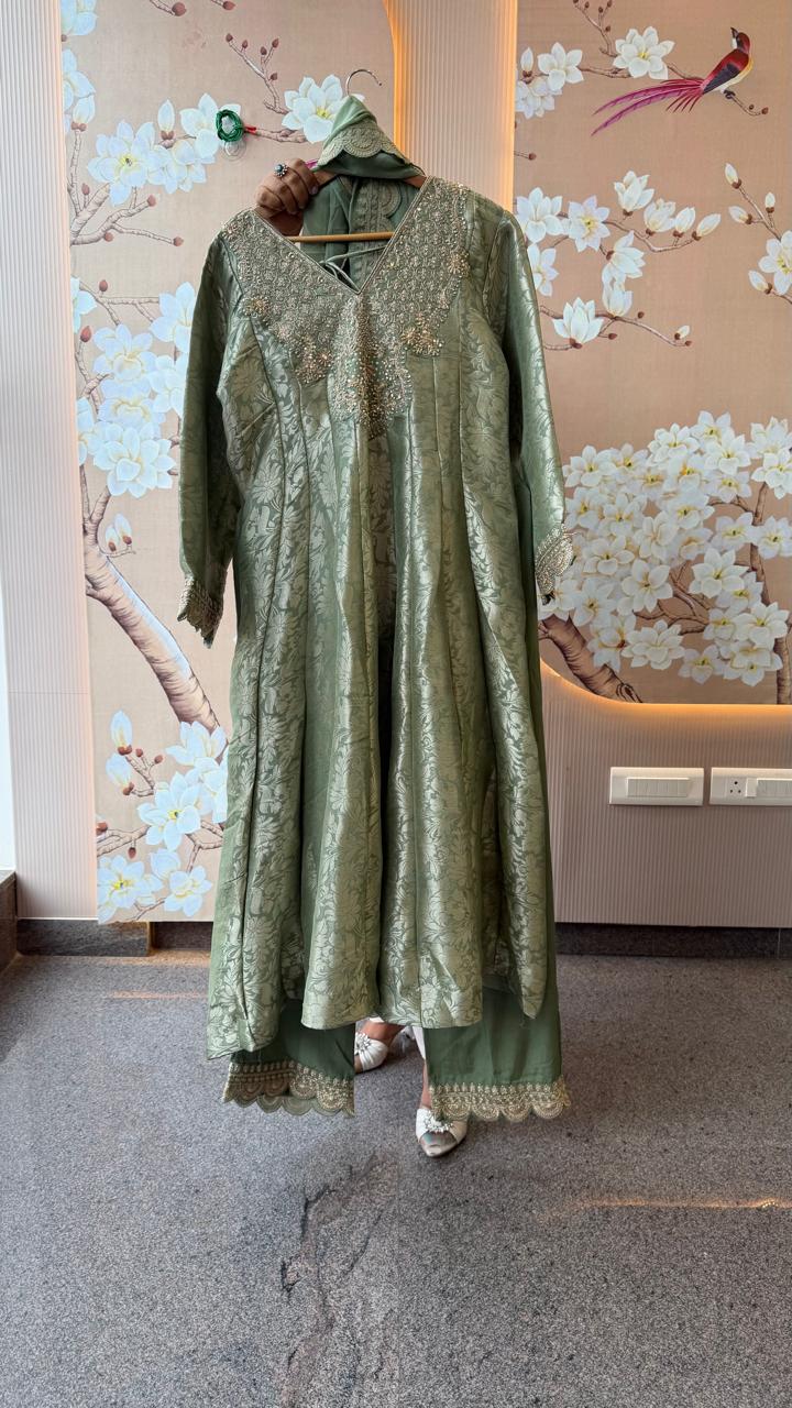 Designer back premium brocade Anarkali suit set in green