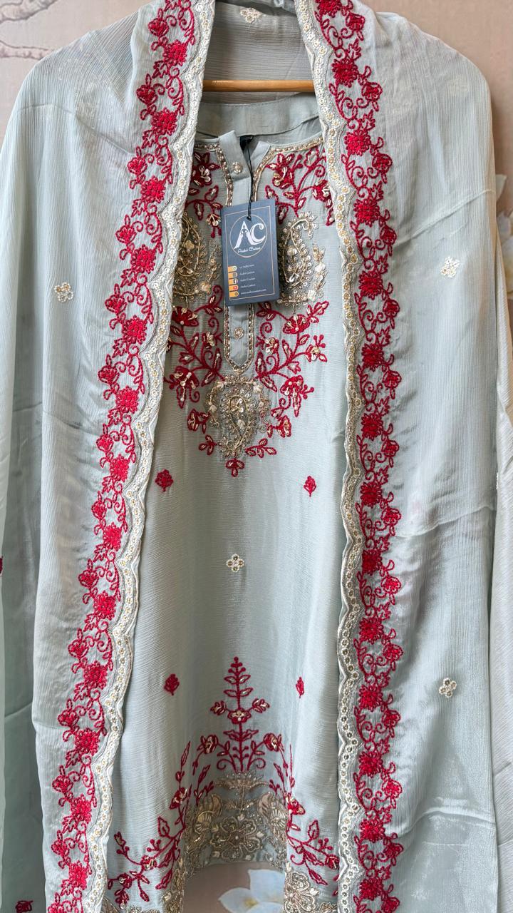 Premium chinon heavily embroidered suit set