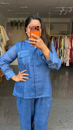Back embroidered comfortable pants with pocket super soft denim Co ord with minimal design
