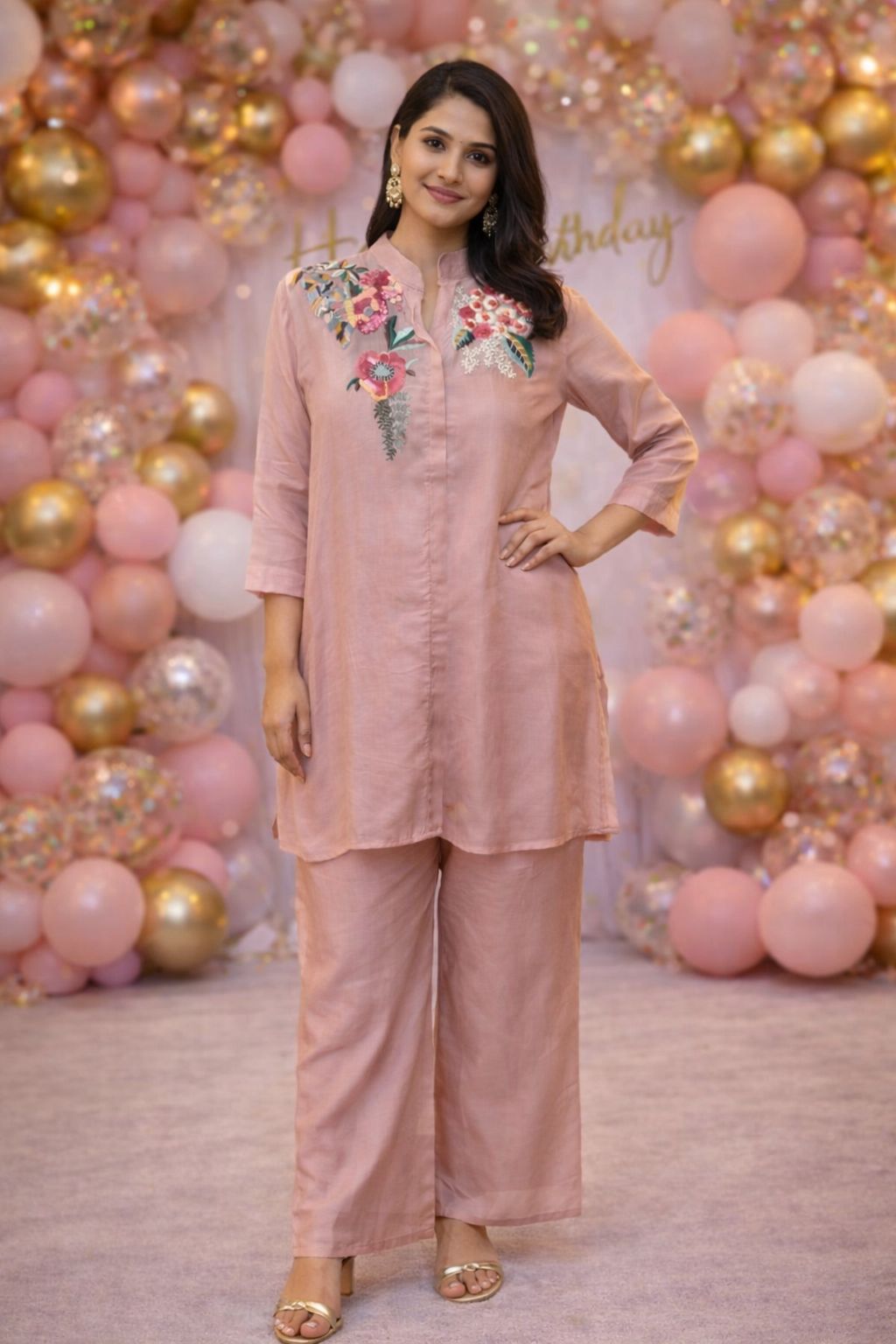 Premium orgenza embroidered Co ord set in pink