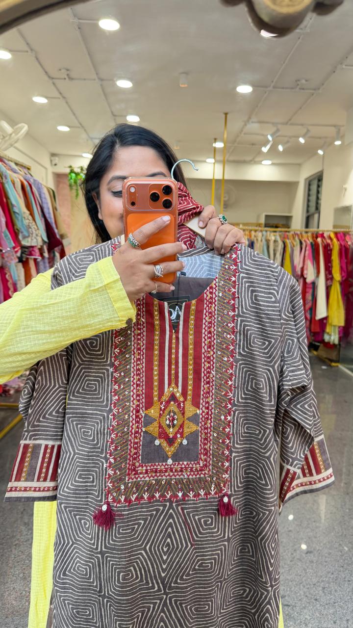 Pure cotton ajrakh suit set with katha detailing
