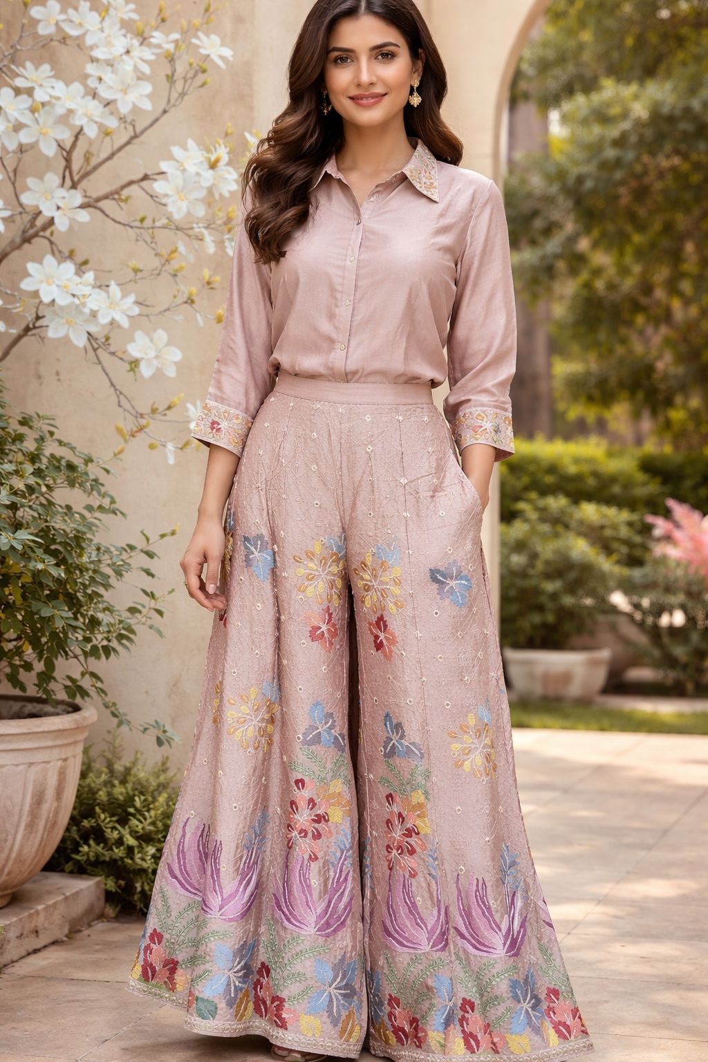 Heavy chinon fully embellished palazzo pants with designer shirt