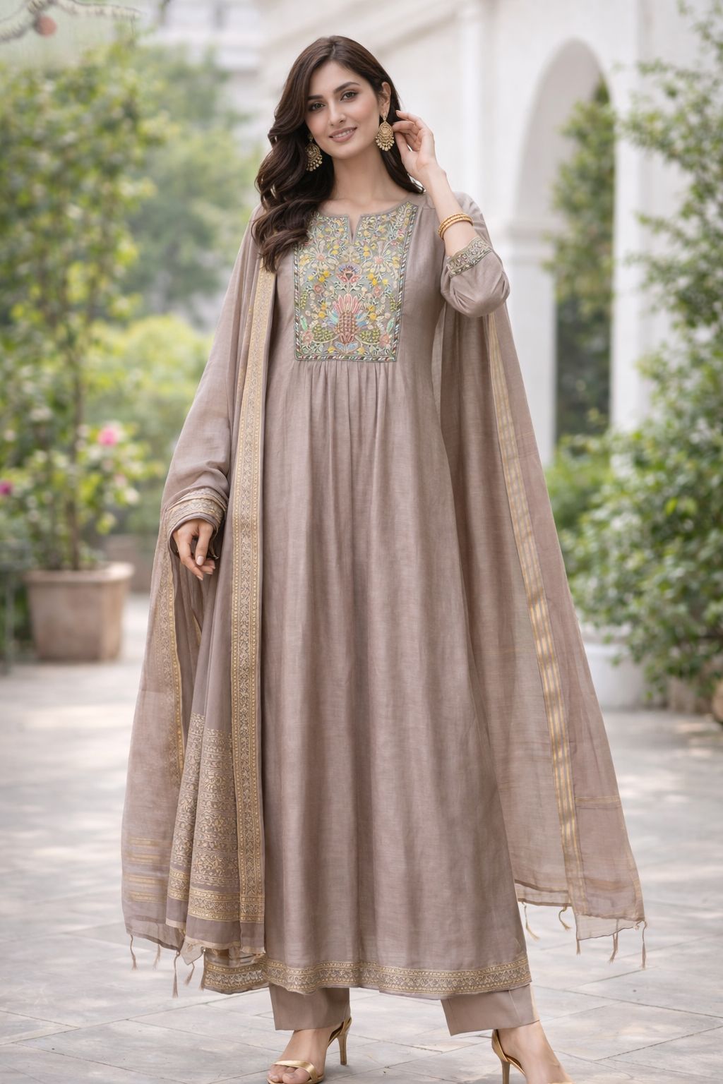 Pure Mul chanderi in cream with beautiful hand work in lilac