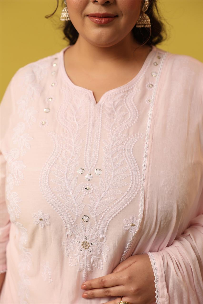 Pretty Mul cotton powder pink chikankari suit set