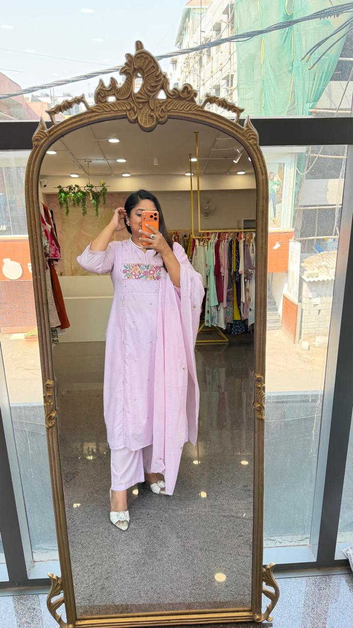 Premium sily cotton embroidered lining full suit set in powder pink