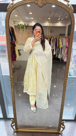 Pure Banarasi mint green Mul chanderi with chikankari full suit set. Beautiful designer back