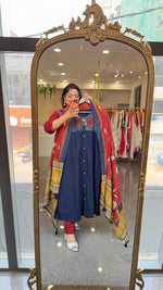 Premium cotton applique work cotton suit in blue with pocket and paired with a Kalamkari dupatta