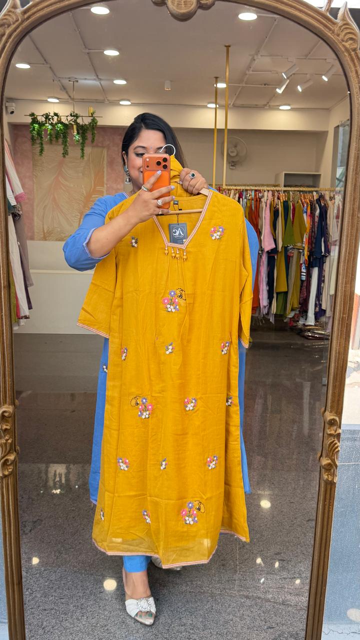 Pretty Mul cotton lining fully embroidered suit set in yellow