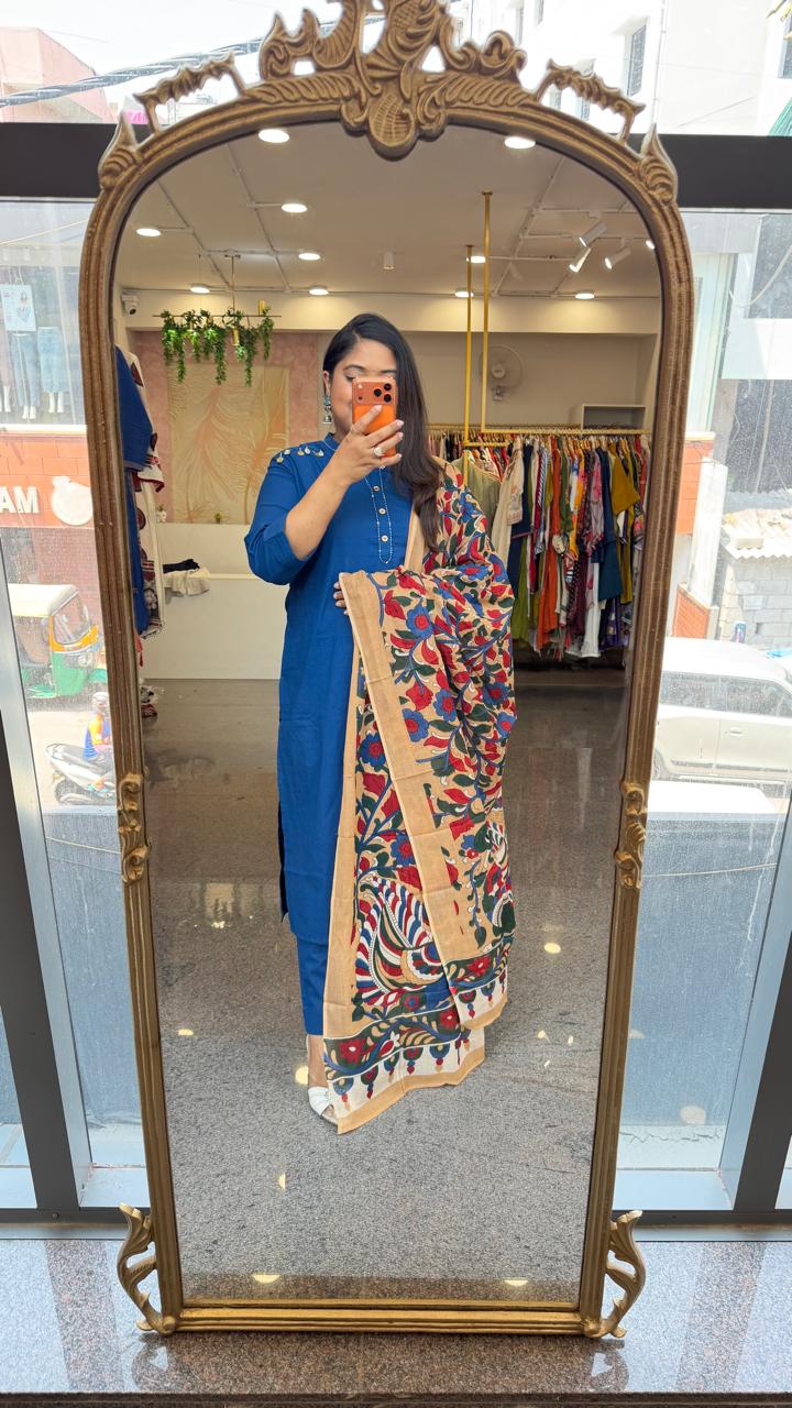Premium pure cotton suit set paired with kalamkari dupatta
