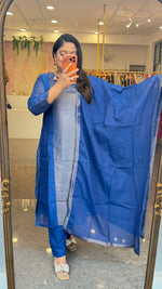 Chanderi suit with tissue panel both front n back in royal blue